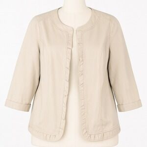 Vtg 90s Ruffled Barn Jacket Women's Beige Tan‎ 3/4 Sleeve 14 16 XL Coquette Boho